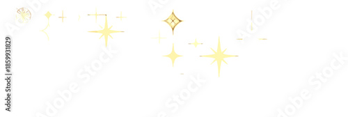 Destellos dorados y brillantes sobre fondo blanco, elemento gráfico de luz y magia con transparencia.