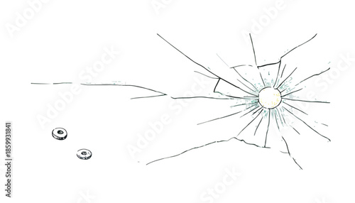 Ilustración de impacto de bala en cristal con fragmentos y esquirlas sobre fondo transparente.