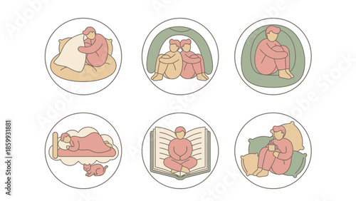 Collection of Six Circular Icons Depicting Various Human Activities and States.