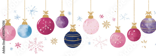 Decorazioni natalizie ad acquerello con palline colorate e fiocchi di neve su sfondo trasparente.