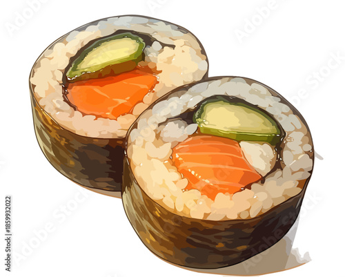 Due pezzi di sushi maki con salmone e avocado su sfondo trasparente, illustrazione alimentare.
