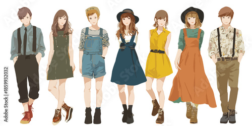 Illustrazione vettoriale di giovani ragazzi e ragazze con abiti eleganti in stile retrò e casual, isolati su sfondo trasparente.