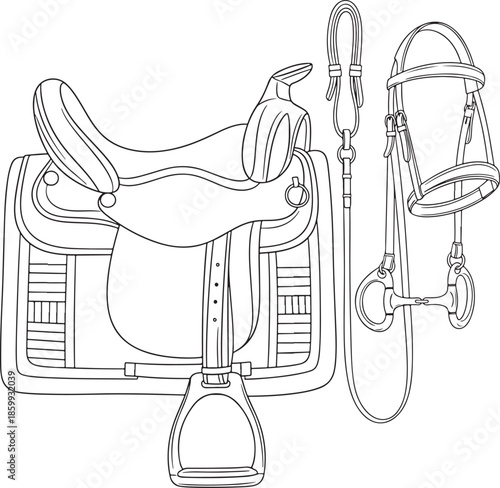 Line art illustration of a horse saddle bridle and stirrups equestrian equipment