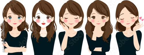 Serie di cinque illustrazioni vettoriali di una ragazza giapponese con diverse espressioni facciali e pose.