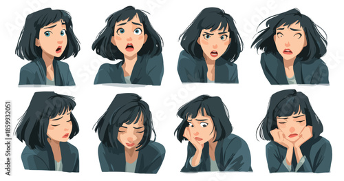 Collezione di otto espressioni facciali di una donna con capelli scuri, illustrazione vettoriale trasparente.
