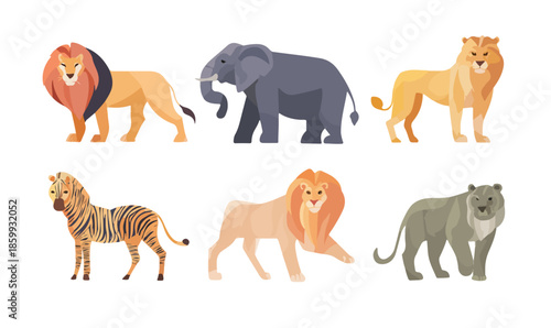 Set di illustrazioni vettoriali di animali africani selvatici, tra cui leoni, elefante e zebra, con sfondo trasparente.