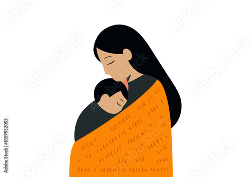 Madre amorevole abbraccia teneramente il suo bambino addormentato avvolto in una coperta arancione.