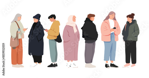 Gruppo di giovani adulti vestiti con abiti invernali casual e moderni, isolati su sfondo trasparente.