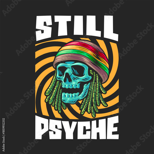 Psychedelic skull with dreadlocks illustration. Skeleton head swirling background. Trippy skul for posters, t-shirts, streetwear, and music visuals.