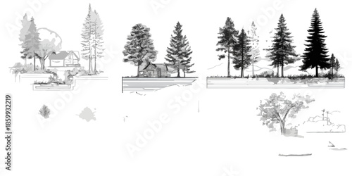 Illustrazioni monocromatiche di alberi, foreste e piccole case rurali su sfondo bianco trasparente.