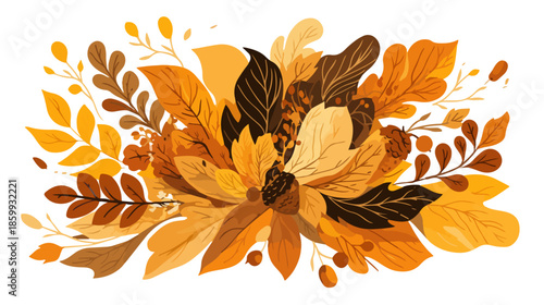 Composizione astratta di foglie autunnali nei toni caldi del marrone, giallo e arancione su sfondo trasparente.