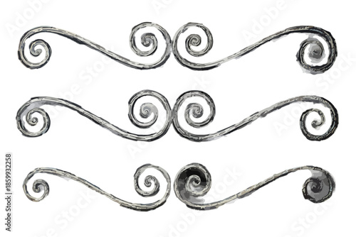 Set di tre eleganti divisori decorativi in stile voluta, disegnati a mano con texture grigia su sfondo trasparente.