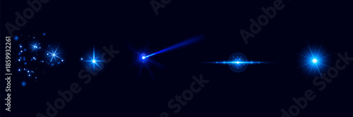 Bright particles, burning blue lights, stars, lasers. Vector.