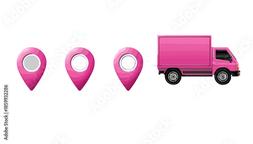 Icone di localizzazione rosa e camion di consegna per servizi logistici e spedizioni su sfondo trasparente.