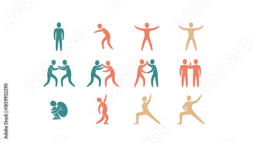 Collection of stylized human figures in various poses and interactions.