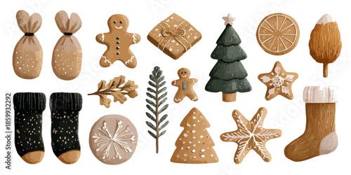 Set di elementi decorativi natalizi in stile rustico, biscotti pan di zenzero e calze su sfondo trasparente.