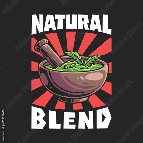 Herbal mortar bowl illustration. Plant mixture bowl with hypnotic circular background. Natural remedy bowl for posters, apparel, packaging