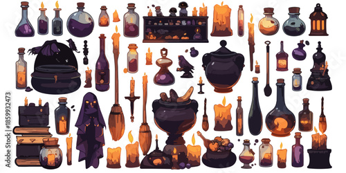 Collezione di oggetti magici, pozioni, candele accese e calderone su sfondo trasparente per Halloween.