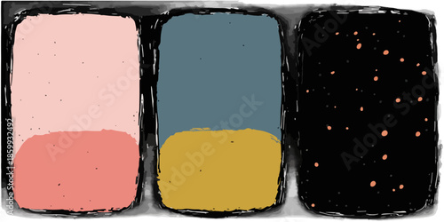 Astratto sfondo nero con puntini luminosi accanto a blocchi colore rosa, blu e giallo ocra