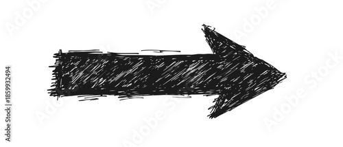 Freccia nera disegnata a mano con texture graffiata su sfondo bianco, simbolo di direzione.
