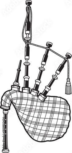 A detailed black and white illustration of a traditional scottish bagpipe instrument