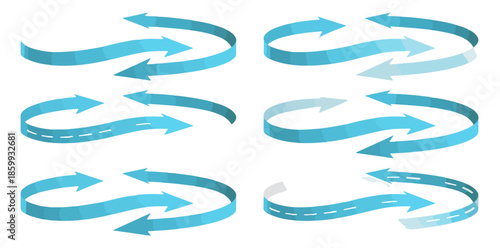 Set di sei frecce blu ondulate e curve con effetto 3D su sfondo trasparente, simbolo di ciclo.