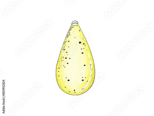 Illustrazione disegnata a mano di una goccia gialla liquida con piccole particelle nere su sfondo trasparente.