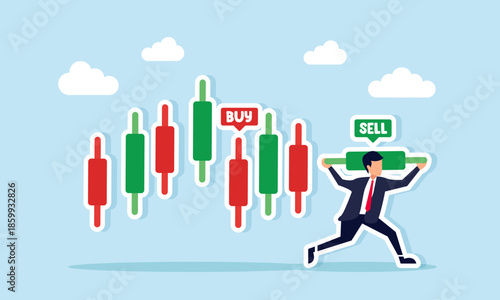 Businessman running while carrying green candlestick with sell label illustrating taking profit during bullish stock market uptrend condition