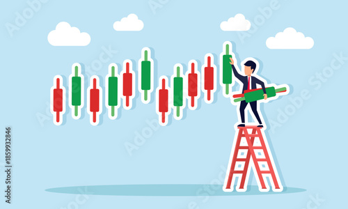 Businessman climbing ladder to collect candlestick parts illustrating taking profit in bullish stock market trend
