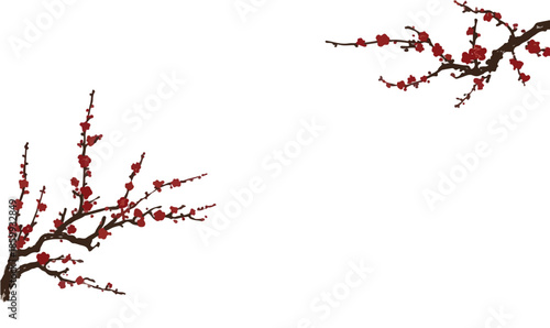 흰 배경에 붉은 매화꽃 가지가 좌우 대칭으로 배치되어 봄의 화사함을 표현하는 디자인