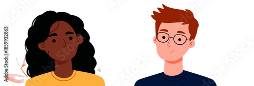 다양한 인종의 젊은 남녀 초상화, 현대적이고 투명한 일러스트 스타일