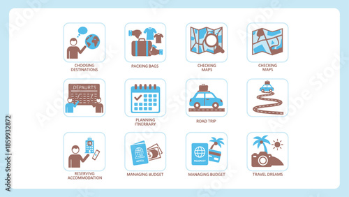 Collection of Travel and Vacation Related Icons.