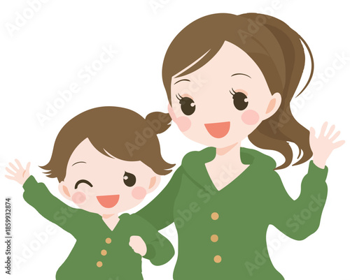 엄마와 아이가 손을 잡고 환하게 웃으며 인사하는 모습, 행복한 가족 일러스트