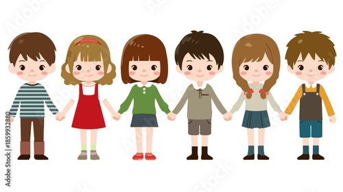 다양한 인종과 성별의 아이들이 손을 잡고 웃으며 서 있는 모습, 투명한 배경