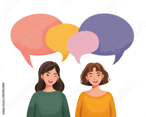 두 명의 젊은 여성들이 서로 대화하며 소통하는 모습을 담은 일러스트