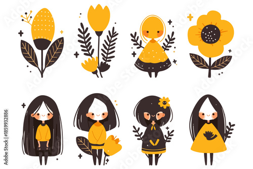 귀엽고 추상적인 노란색과 검은색 꽃과 소녀 일러스트 세트, 투명한 배경