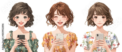 세 명의 젊은 여성들이 스마트폰을 들고 웃으며 각자의 일상을 즐기는 모습