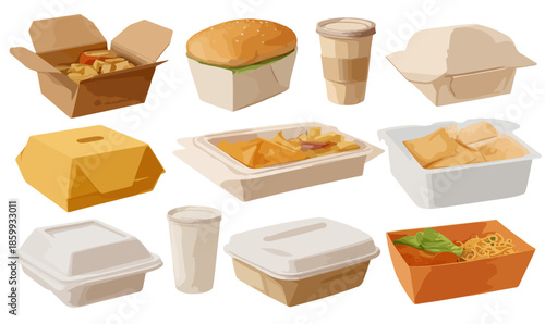 다양한 종류의 테이크아웃 음식 포장 용기 일러스트, 투명한 배경에 깔끔하게 배치된 모습