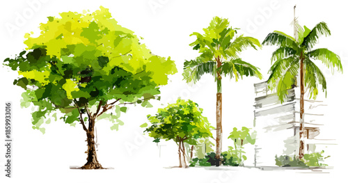 투명한 배경에 그려진 다양한 종류의 나무와 건물 수채화 일러스트