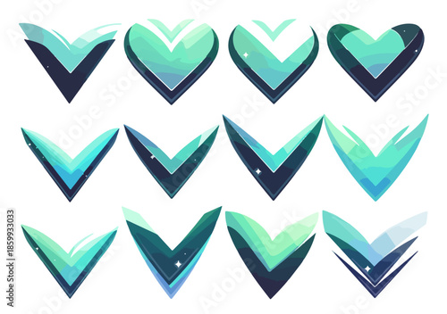 다채로운 청록색 하트 모양 아이콘 세트, 투명한 배경에 빛나는 효과