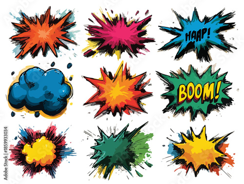 다채로운 만화 폭발 효과, 만화책 스타일의 생생한 색상과 텍스처로 표현된 추상적인 디자인.