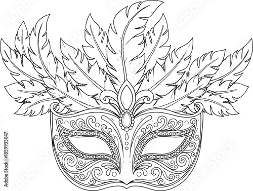 Intricate venetian mask with ornate floral and swirling designs depicted in a black and white sketch