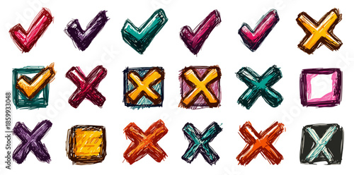 다양한 색상의 체크 표시와 엑스 표시 아이콘 세트, 흰색 배경의 투명한 붓 터치 스타일