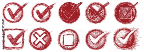 다양한 체크 표시와 엑스 표시 아이콘 세트, 손으로 그린 듯한 투명한 스타일