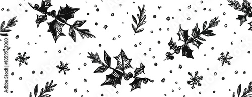 투명한 배경에 겨울 나뭇잎과 눈송이가 그려진 흑백 일러스트 패턴