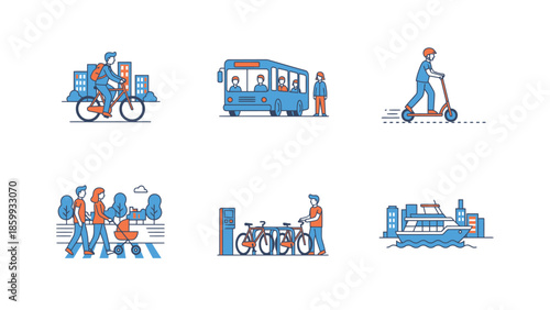 Collection of urban transportation and city life illustrations.