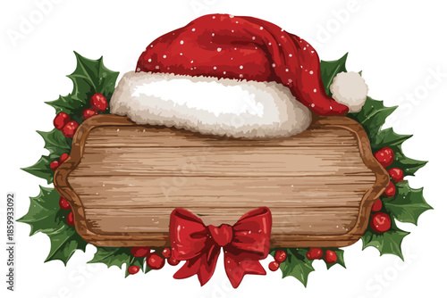 크리스마스 산타 모자와 홀리 장식으로 둘러싸인 빈 나무 간판, 투명한 배경