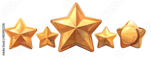 다섯 개의 금색 별이 나란히 배열되어 있으며, 투명한 배경에 놓여 있어 다양한 디자인에 활용 가능합니다.