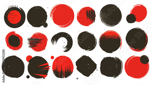 빨간색과 검은색의 동양적인 붓 터치 원형 디자인 요소 모음, 투명 배경