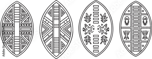 Intricate black and white geometric designs resembling shields or stylized leaf shapes are displayed